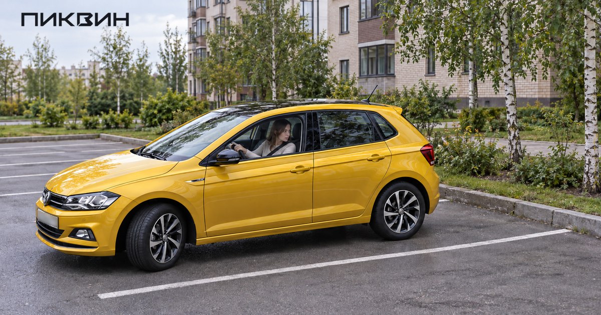 Водительница аккуратно паркует компактный Polo Plus в размеченное место во дворе.