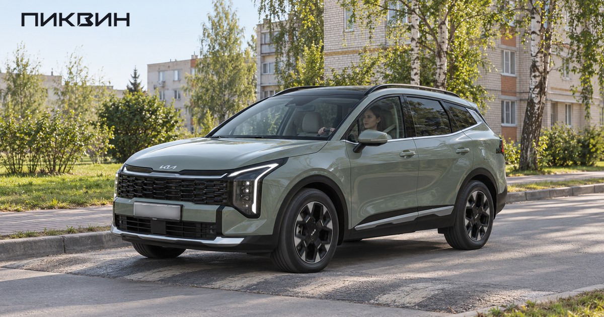 Проверочная поездка Sportage на малой скорости по городскому проезду с плавным дорожным подъёмом.