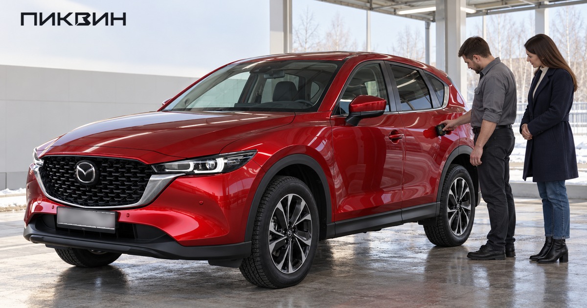Покупатель и специалист проверяют лакокрасочное покрытие CX-5 при дневном свете перед выбором конкретного экземпляра.