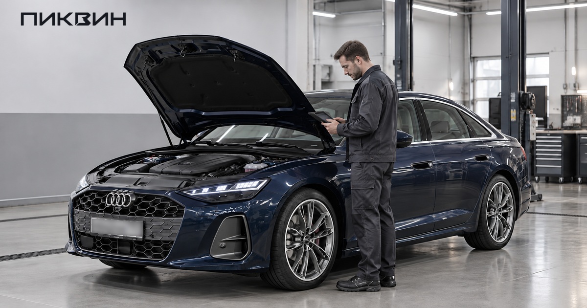 Специалист проверяет Audi A6 в сервисе перед покупкой, сопоставляя состояние автомобиля с диагностикой.