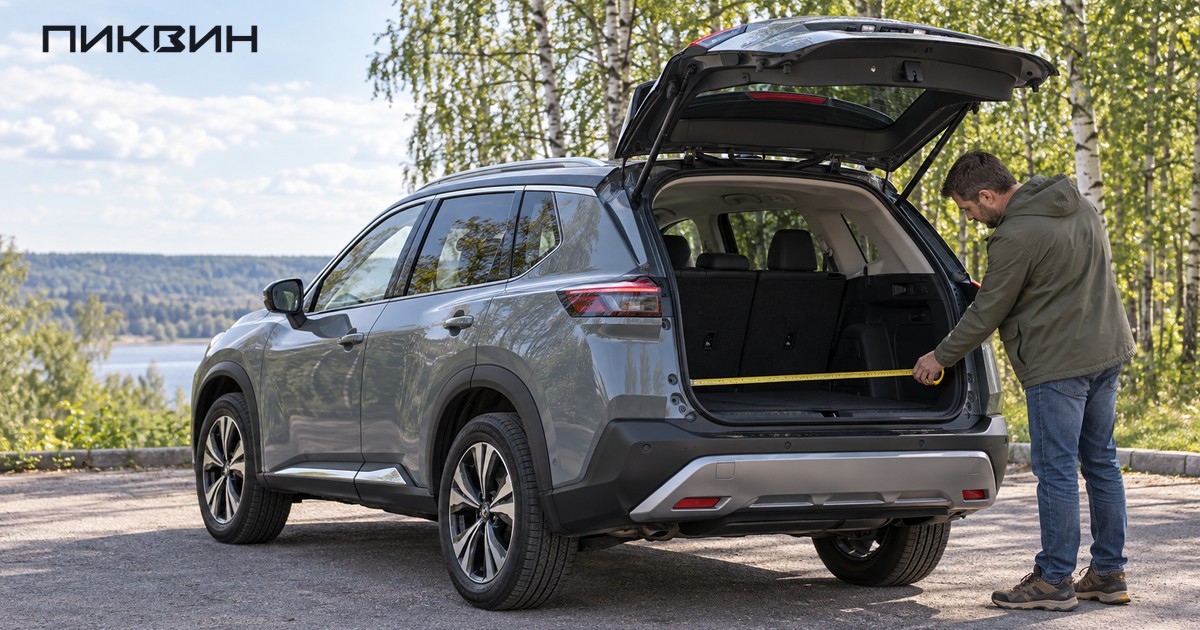 Покупатель измеряет ширину багажного проёма X-Trail, проверяя пригодность семейного кроссовера для своего багажа.