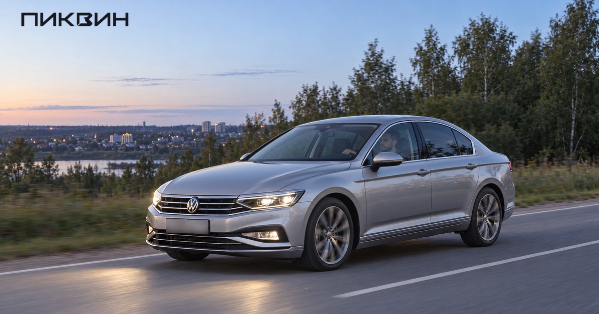Passat GT едет по загородной дороге в сумерках: выбор света и оснащения для регулярных поездок из Чебоксар.