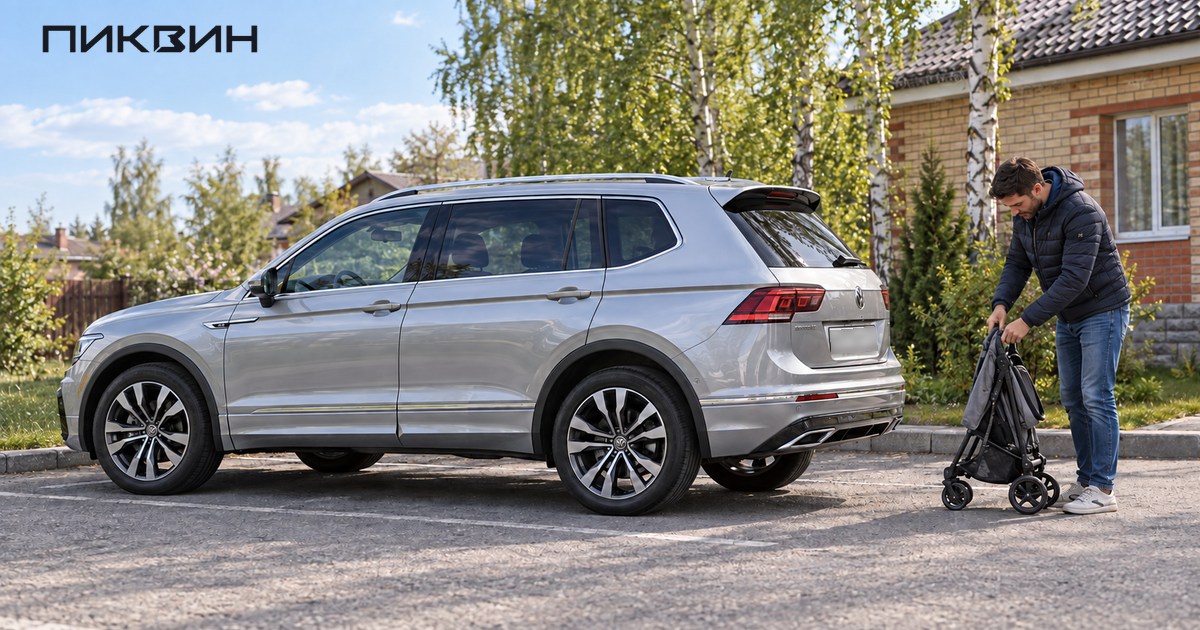Отец складывает детскую коляску рядом с Tiguan L перед семейной поездкой: практичность удлинённой версии.