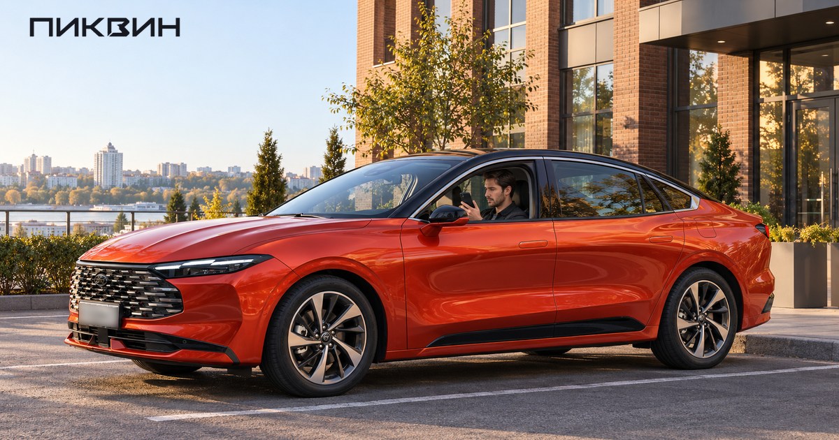 Покупатель проверяет подключение телефона в припаркованном китайском Mondeo перед выбором комплектации.