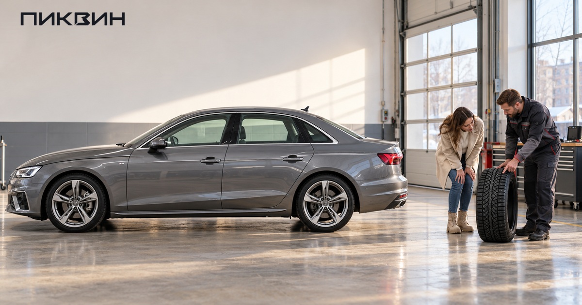 Покупатель с мастером подбирает зимнюю шину к колёсам Audi A4, учитывая комфорт и расходы эксплуатации.