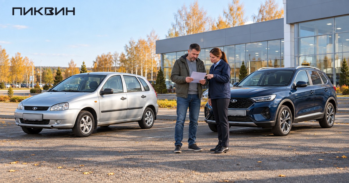 Владелец сопоставляет условия обмена рядом со своей машиной и выбранным автомобилем на замену.
