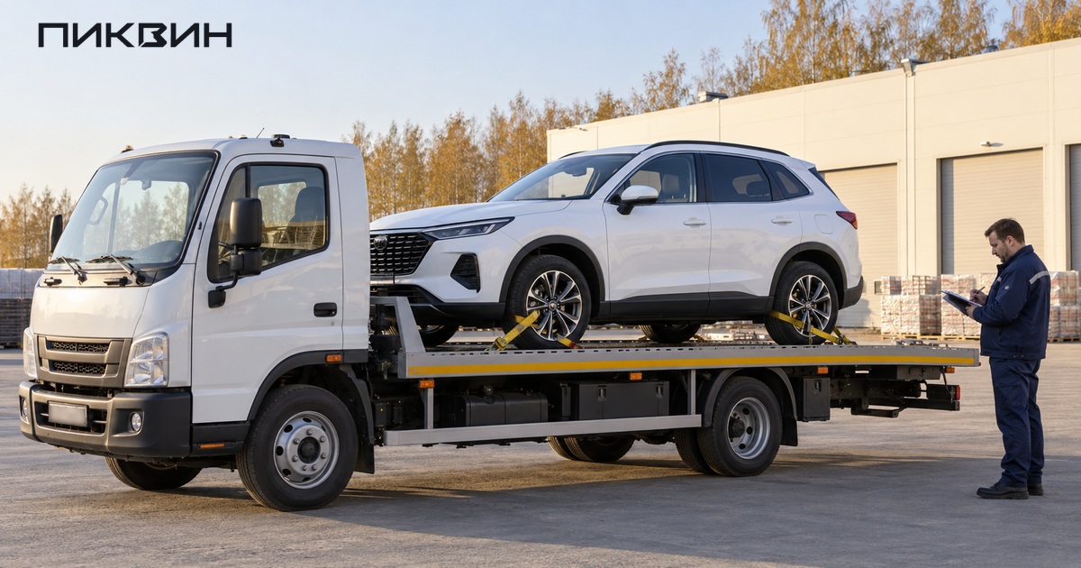 Координатор сверяет документы перевозки рядом с автомобилем, доставленным на платформе.