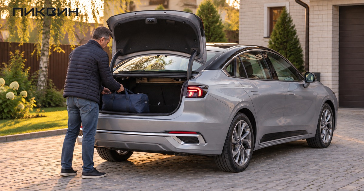 Мужчина кладёт дорожную сумку в багажник китайского Ford Mondeo.