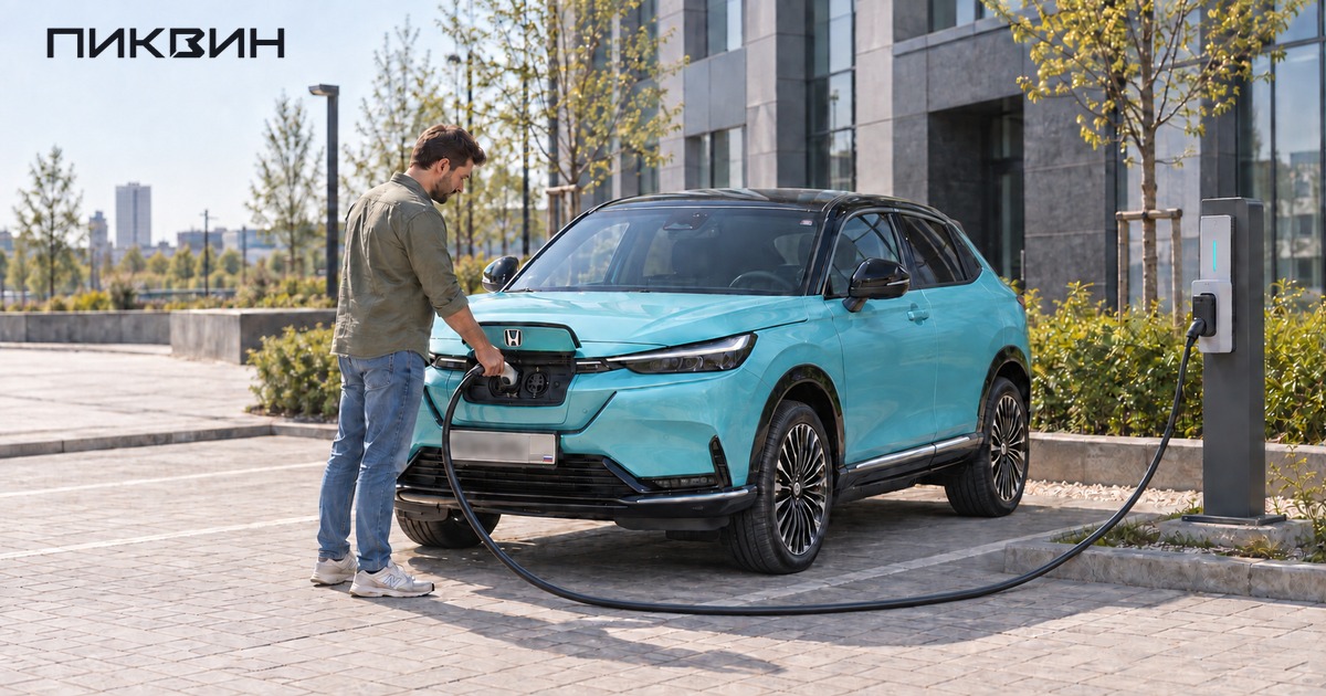 Honda e:NS1 подключена к станции: весь зарядный кабель виден на площадке перед машиной.