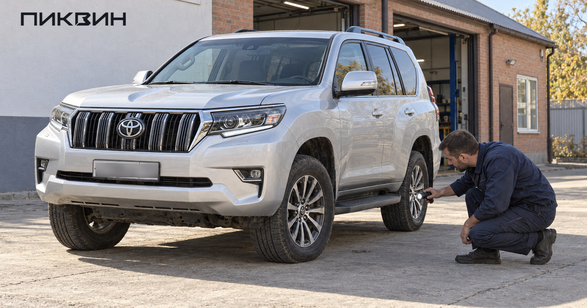Специалист осматривает раму серебристого Toyota Prado с фонарём.