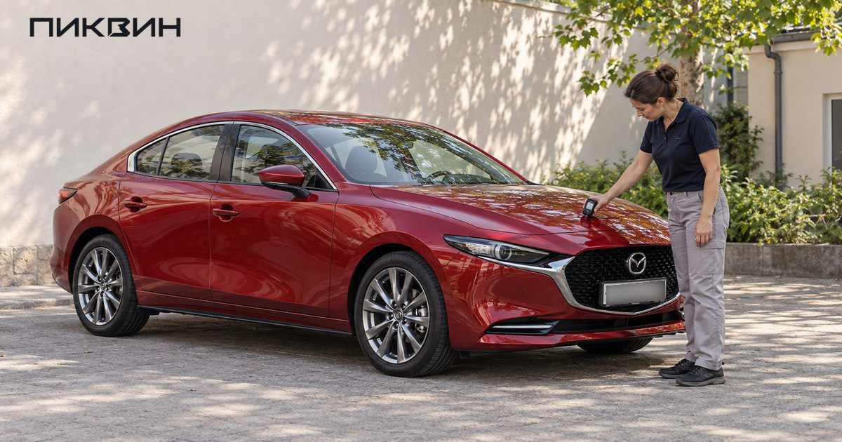 Специалист проверяет покрытие красной Mazda3 Axela толщиномером.