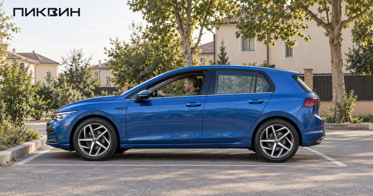 Синий Volkswagen Golf VIII с водителем заезжает на свободное парковочное место.