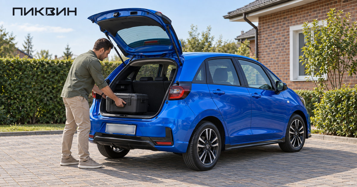 Мужчина примеряет рабочий кейс в багажник синего Honda Fit.