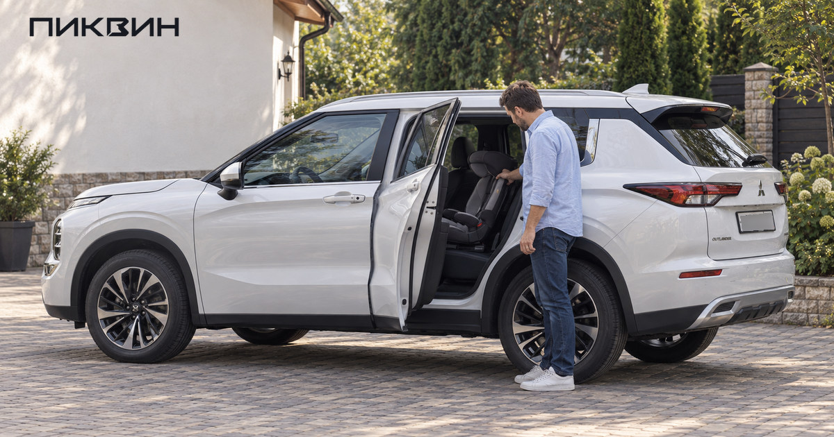 Отец проверяет размещение пустого детского кресла в Mitsubishi Outlander.