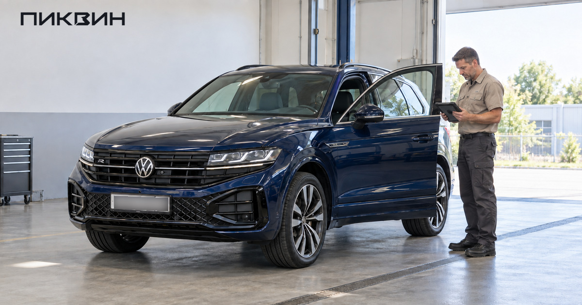 Специалист читает диагностический планшет у открытой водительской двери Volkswagen Touareg.