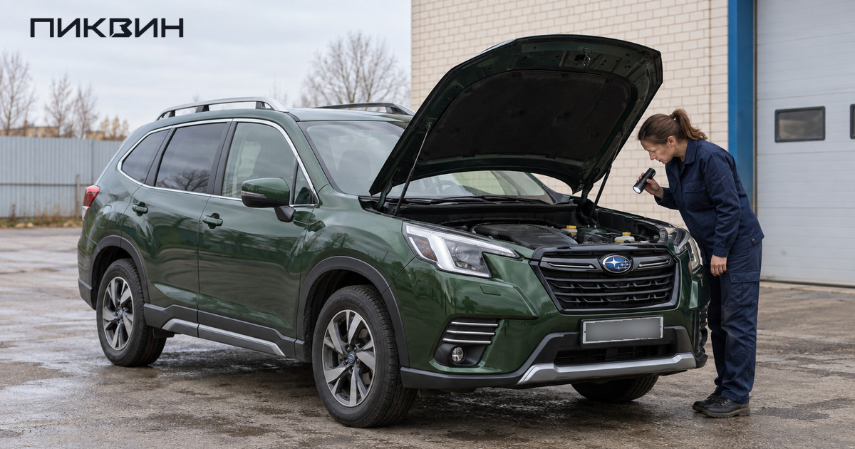 Специалист осматривает моторный отсек зелёного Subaru Forester с открытым капотом.