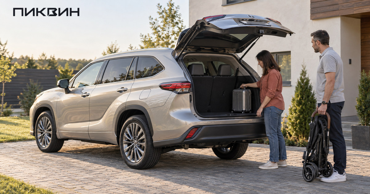 Двое взрослых проверяют багажник Toyota Highlander с поднятым третьим рядом; сложенная коляска стоит рядом.