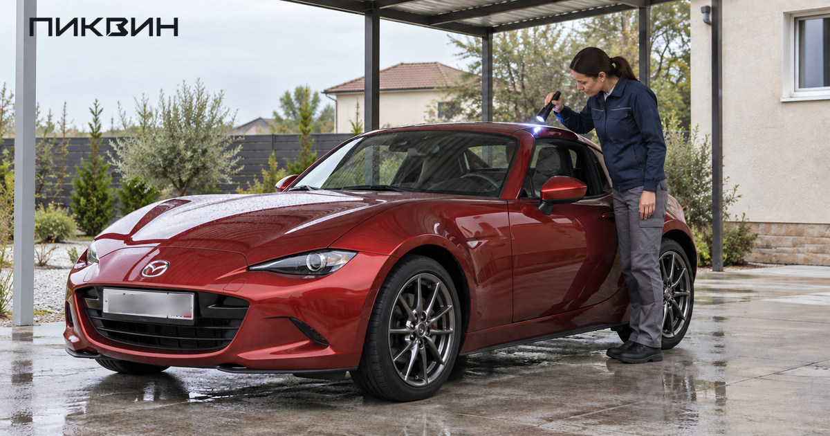 Специалист с фонариком осматривает стык закрытой крыши красной Mazda MX-5 RF под навесом.