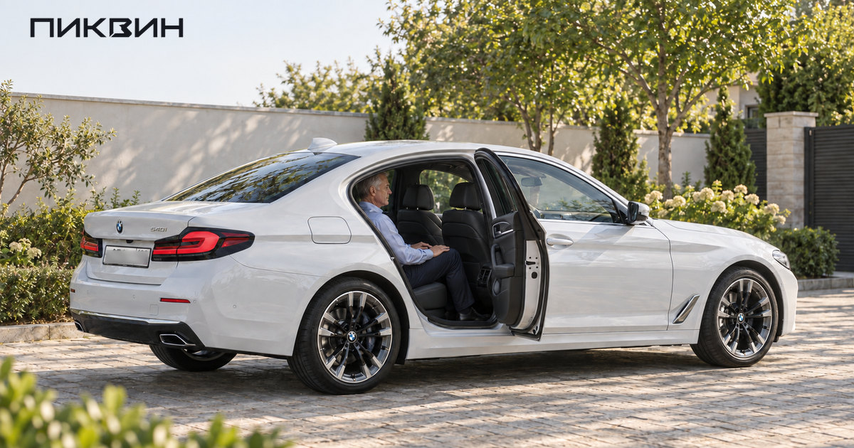 Пассажир проверяет посадку на заднем сиденье белого BMW 5 Series через открытую заднюю дверь.