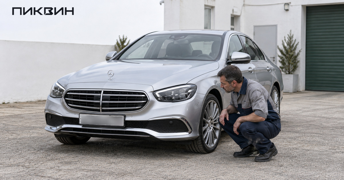 Специалист осматривает фару серебристого Mercedes-Benz E-Class на площадке мастерской.