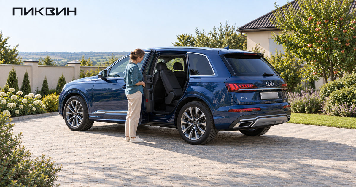 Покупательница проверяет проход к третьему ряду Audi Q7 через открытую заднюю дверь.