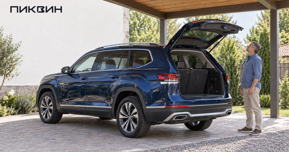 Владелец проверяет зазор между поднятой дверью багажника Volkswagen Teramont и крышей навеса.