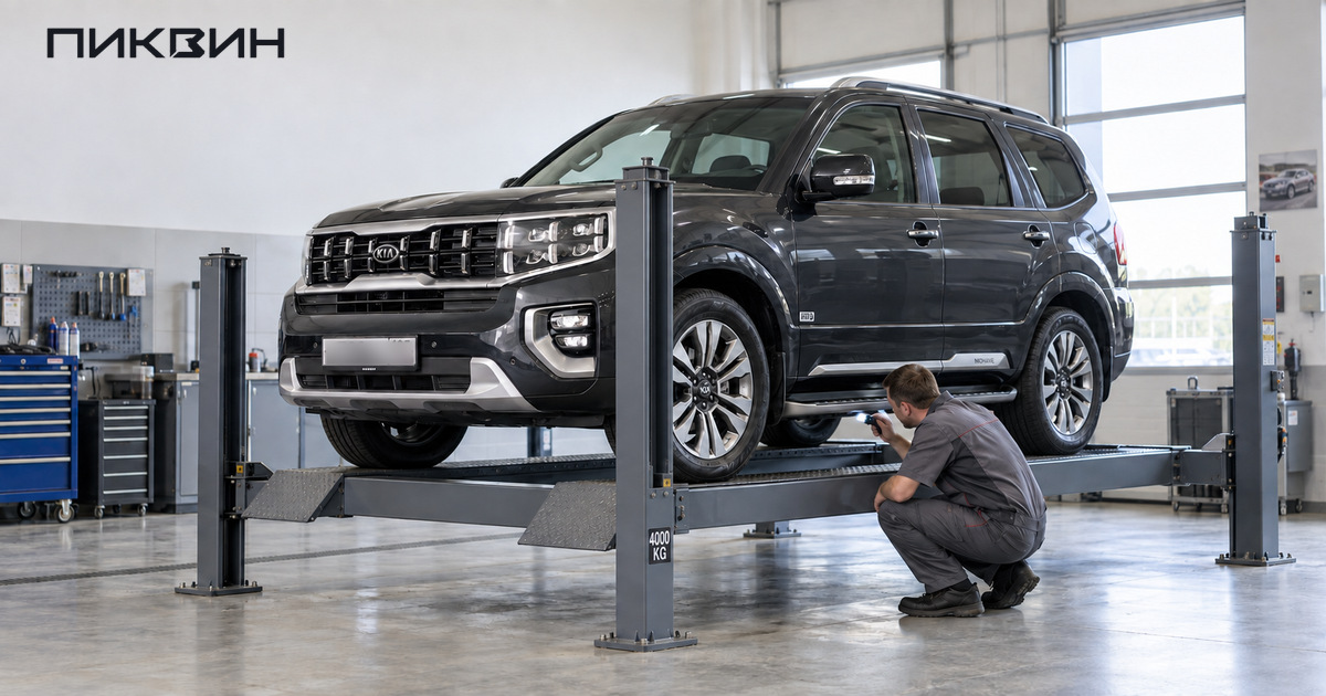 Механик осматривает раму Kia Mohave с фонарём рядом с платформой подъёмника.