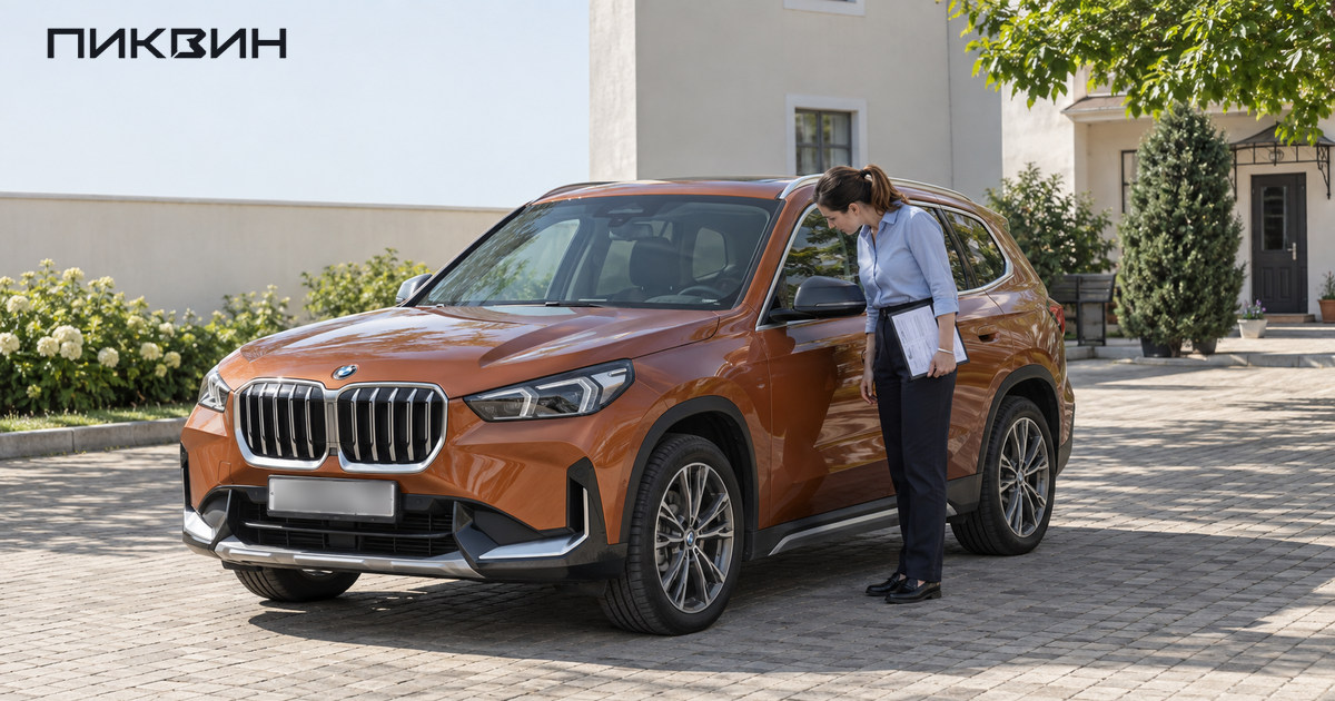 Специалист с листом комплектации сверяет маркировку BMW X1 через нижний угол лобового стекла.