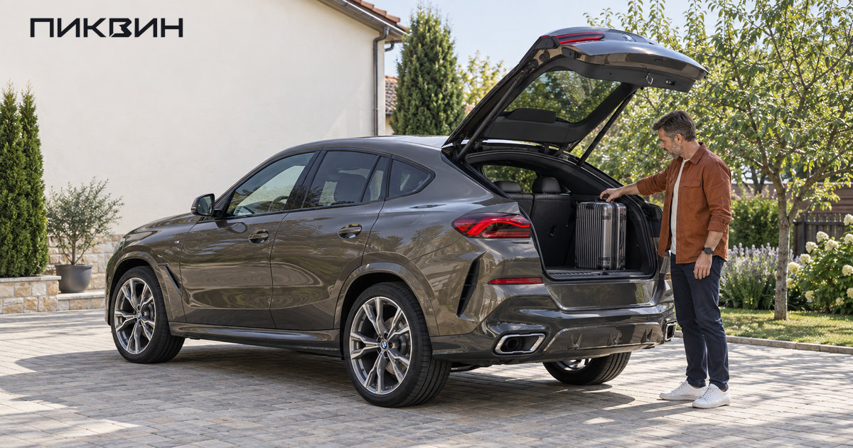 Покупатель проверяет положение чемодана в багажнике BMW X6 с поднятыми спинками заднего ряда.
