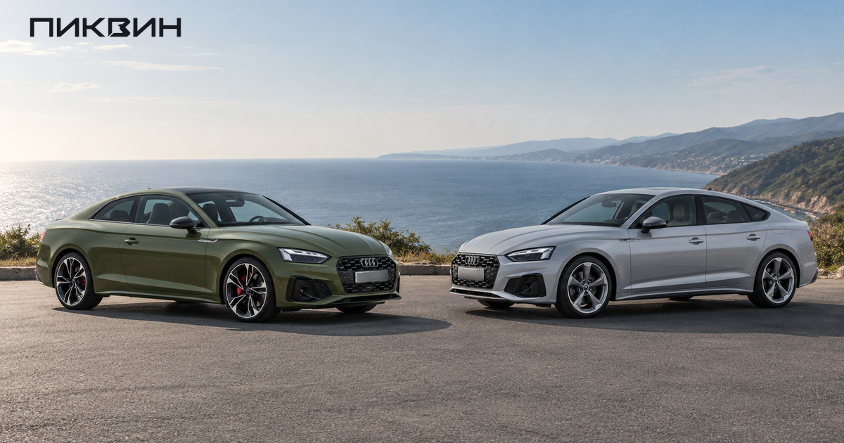 Зелёное двухдверное Audi A5 Coupé и серебристый пятидверный A5 Sportback рядом.