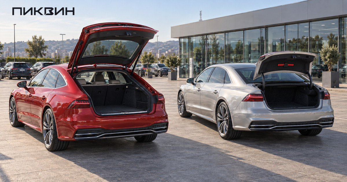 Красный Audi A7 Sportback с поднятым стеклом багажной двери рядом с серебристым A7L с открытой крышкой багажника.