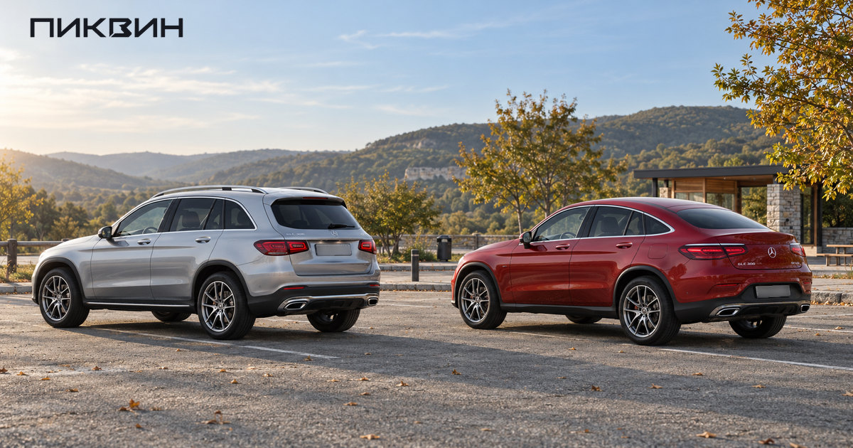 Серебристый Mercedes-Benz GLC SUV и красный GLC Coupé на просторной парковке в предгорьях.