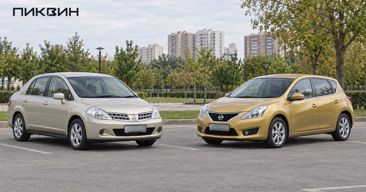 Бежевый Nissan Tiida Latio C11 и золотистый хетчбек Tiida C12 рядом у городского парка.