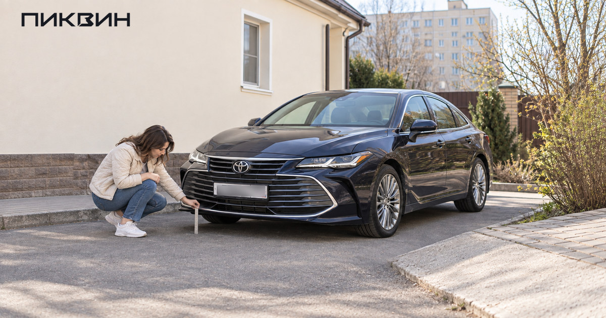 Женщина с линейкой проверяет просвет под передним бампером синего Toyota Avalon у въезда.