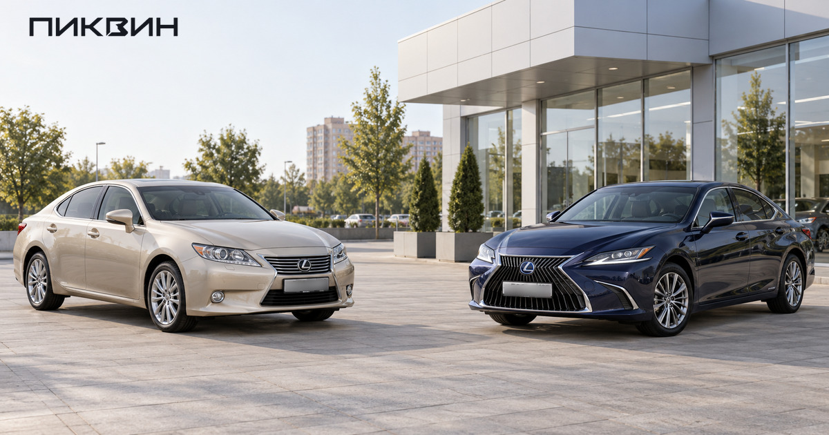 Бежевый Lexus ES 350 шестого поколения рядом с синим ES 300h седьмого поколения.