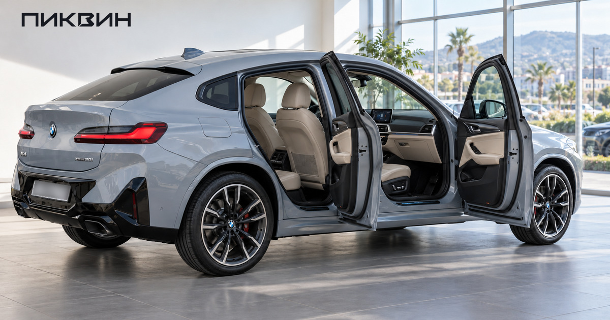Серый BMW X4 с открытыми передней и задней дверями и светлым кожаным салоном.
