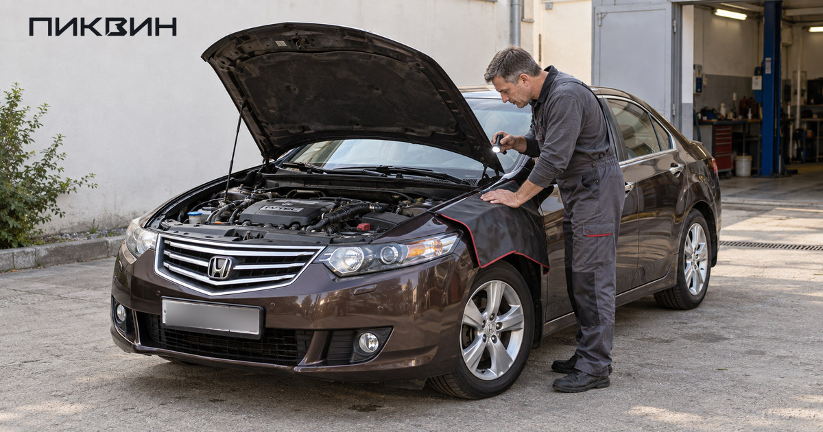 Механик с переносным фонарём осматривает подкапотное пространство Honda Accord восьмого поколения.