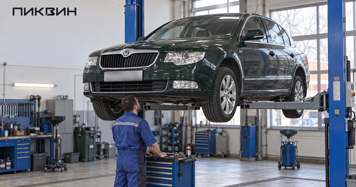 Механик осматривает снизу Skoda Superb II, поднятый на сервисном подъёмнике.