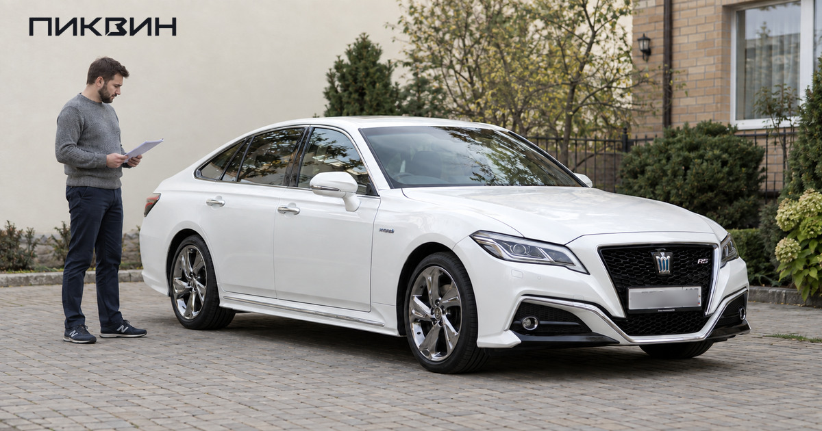 Покупатель сверяет документы рядом с белым седаном Toyota Crown.