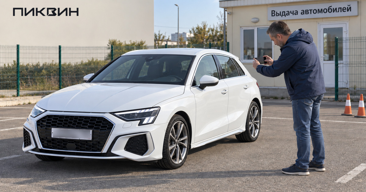 Получатель фотографирует кузов белого хэтчбека на площадке выдачи автомобилей.