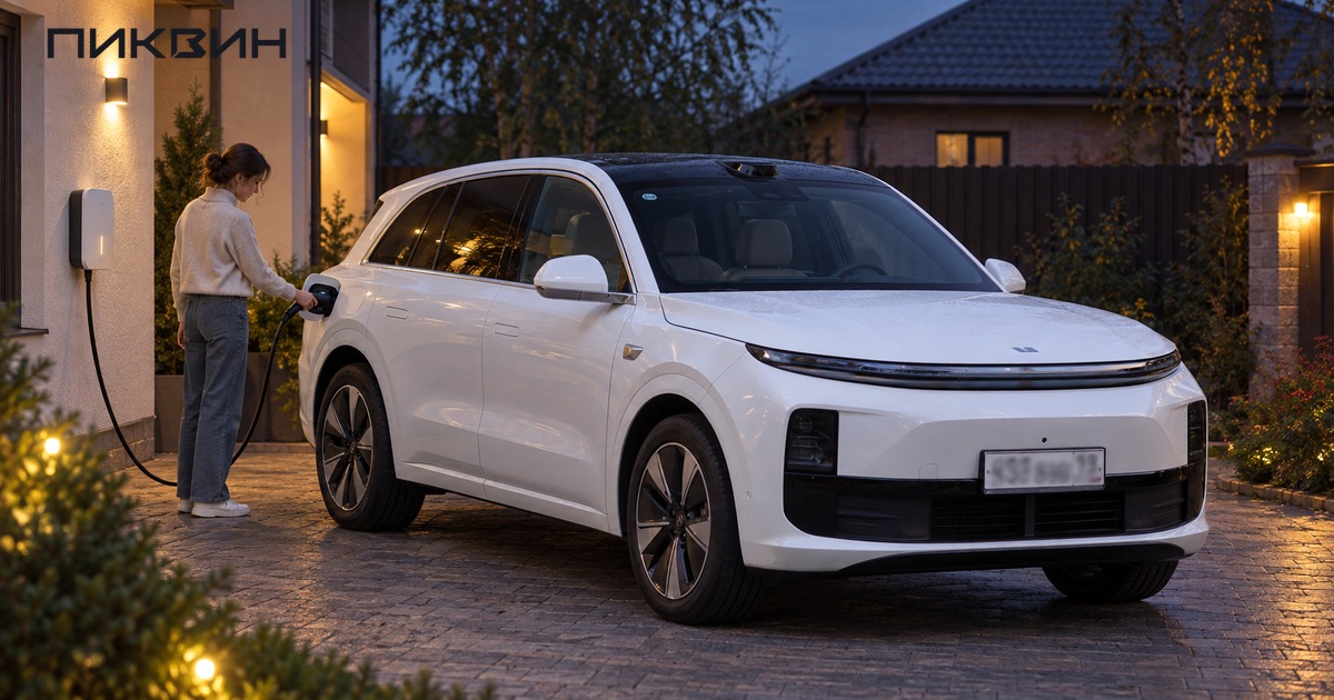 Владелица подключает Li Auto L6 к домашней зарядке у правого заднего крыла.