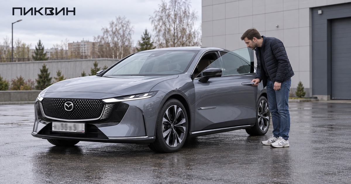 Покупатель открывает безрамочную дверь Mazda EZ-6 и смотрит на прилегание стекла.