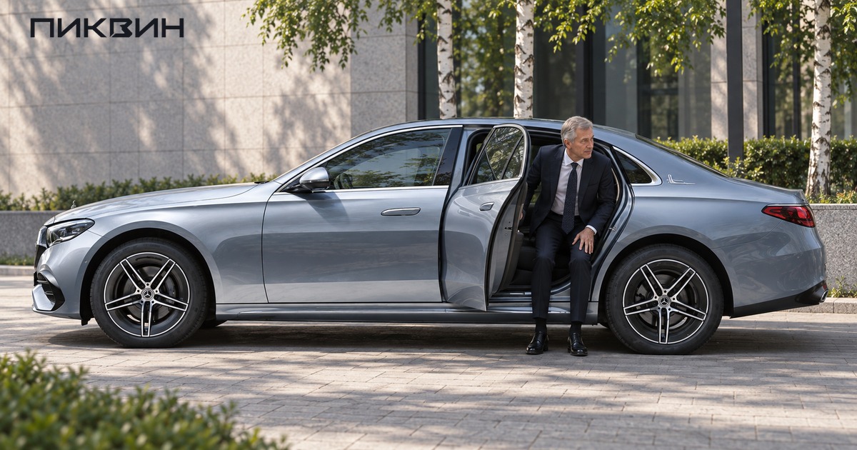 Пассажир выходит через заднюю левую дверь длиннобазного Mercedes-Benz E300L.