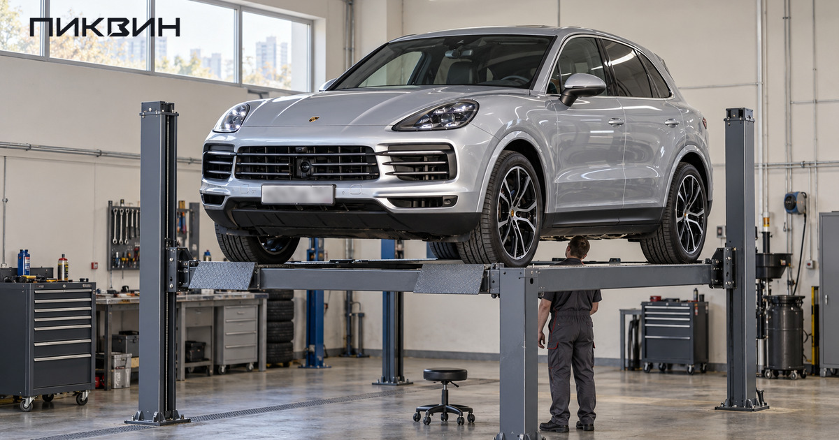 Серебристый Porsche Cayenne третьего поколения на подъёмнике в сервисе перед проверкой состояния.