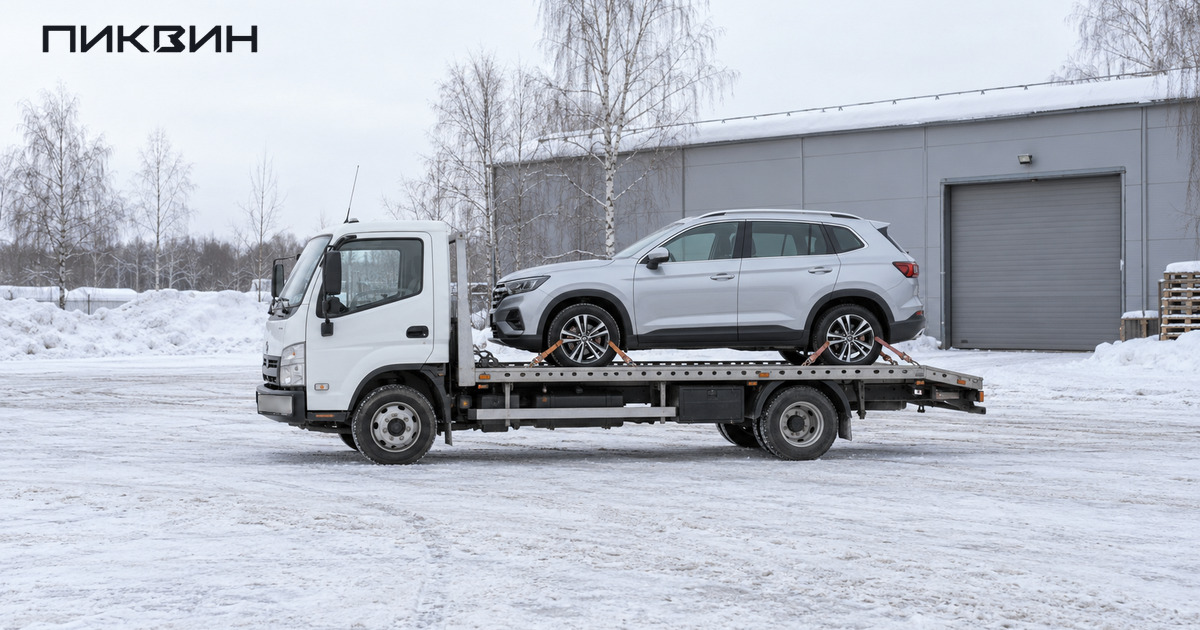 Белый автомобильный перевозчик с закреплённым серебристым кроссовером стоит у зимнего логистического терминала.