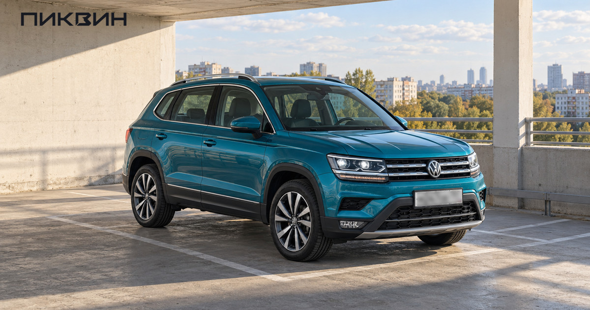 Бирюзовый Volkswagen Tharu стоит на светлом открытом уровне городской парковки.