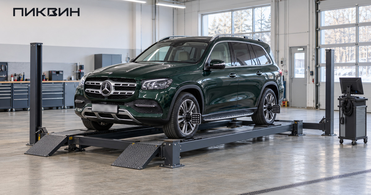 Тёмно-зелёный Mercedes-Benz GLS X167 целиком стоит на низком подъёмнике для проверки подвески и углов установки колёс.