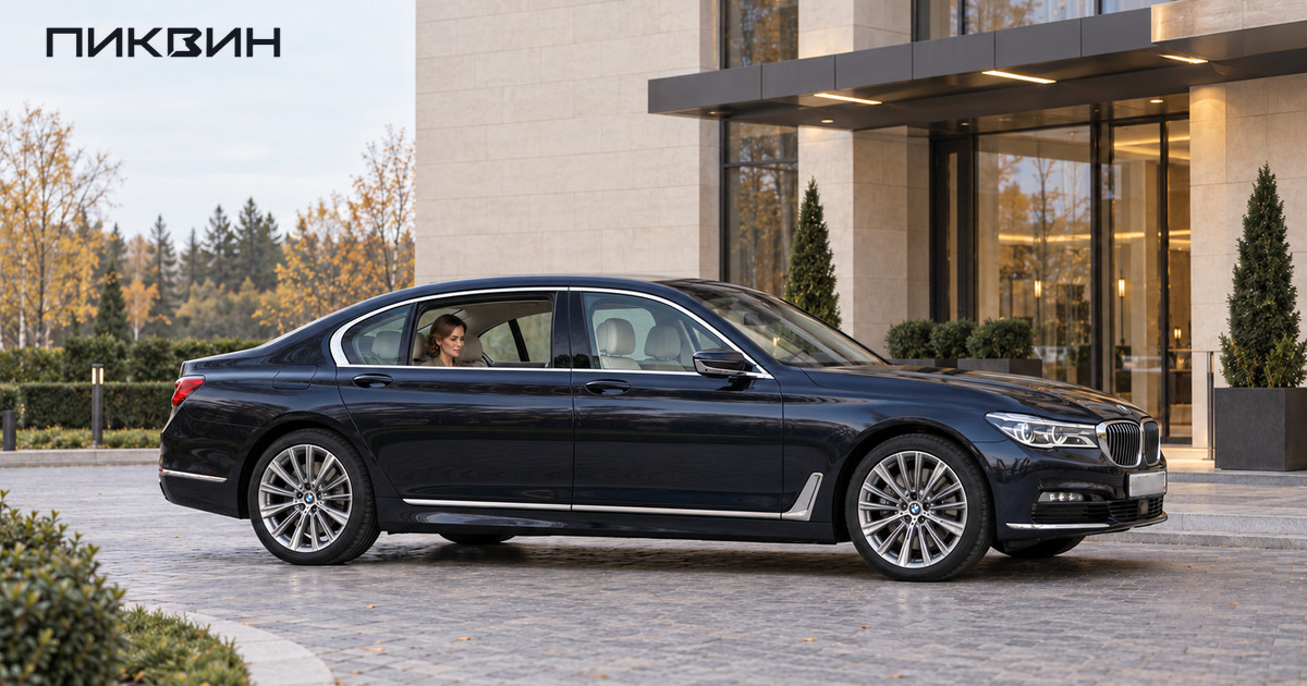 Тёмно-синий BMW 7 Series G12; пассажирка видна через опущенное заднее правое стекло.
