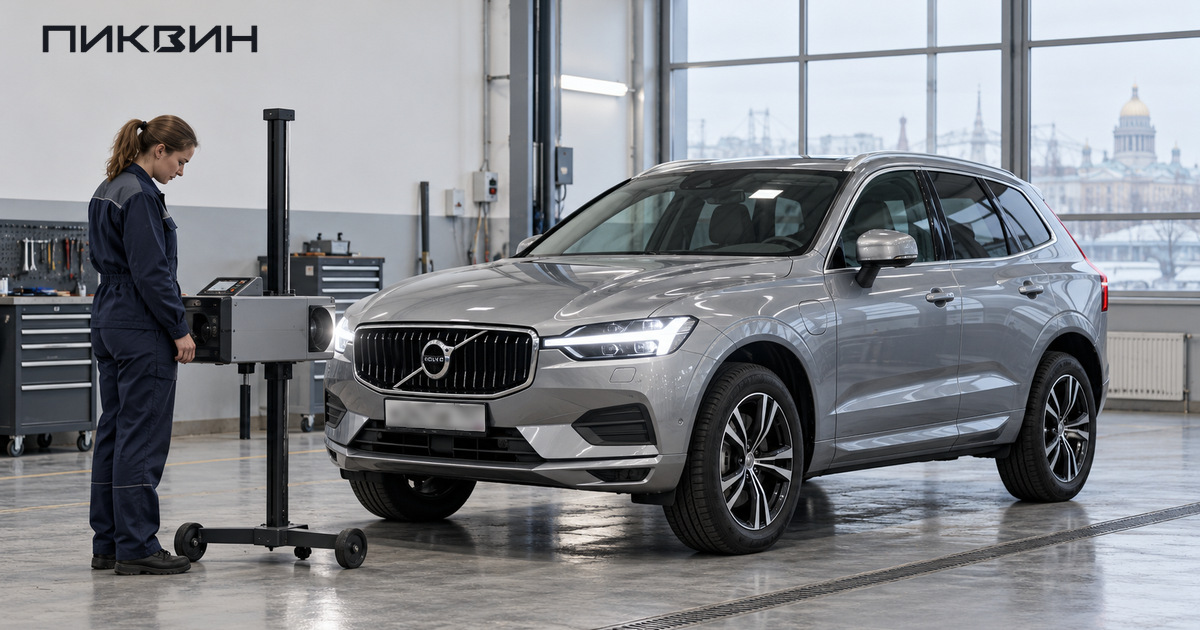 Серебристый Volvo XC60 у прибора проверки фар, рядом сотрудница сервиса