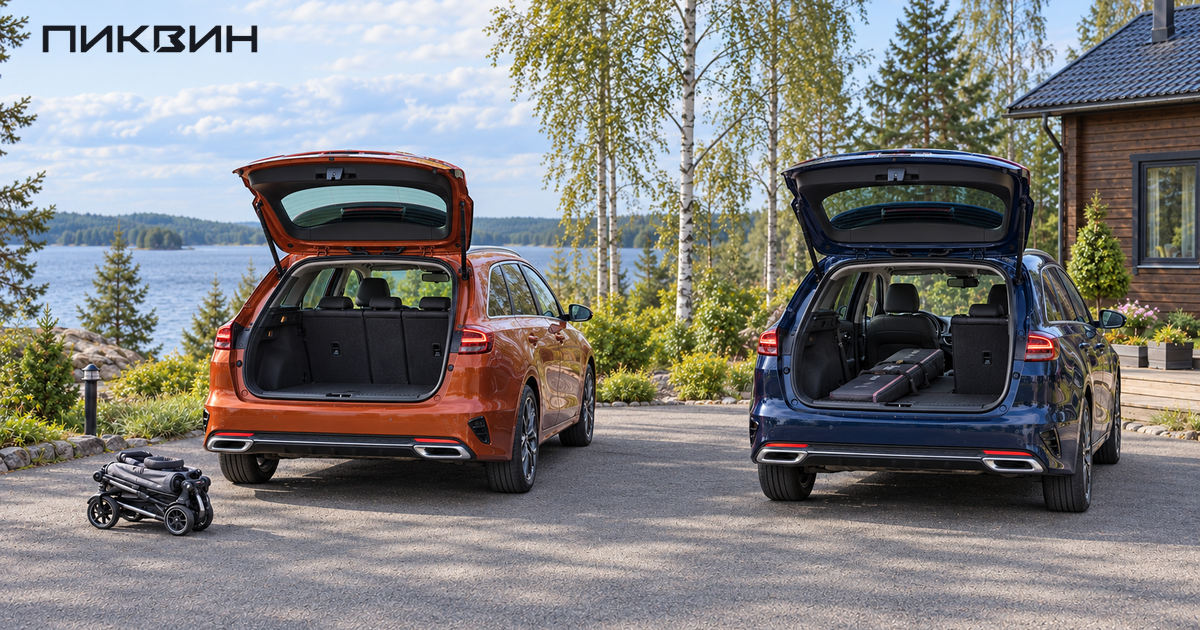 Два Kia Ceed Sportswagon с открытыми багажниками, коляской и закреплённым длинным чехлом